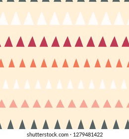 Triangles in a row seamless vector pattern. Abstract background hand drawn lined up triangles. Geometric design beige, gray, white, coral, pink. For fabric, kids, coordinate, digital paper, page fill.