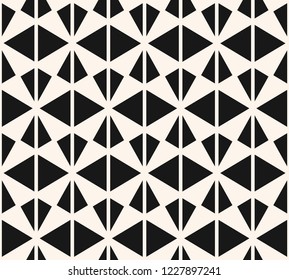 Triangles seamless pattern. Abstract black and white geometric texture. Simple vector graphic background. Ornament with triangles, diamond shapes, grid, net, mesh. Stylish monochrome repeated design