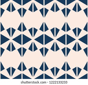 Triangles seamless pattern. Abstract geometric texture in deep blue and beige colors. Simple vector graphic background. Ornament with triangles, diamond shapes. Modern repeat design for decor, prints