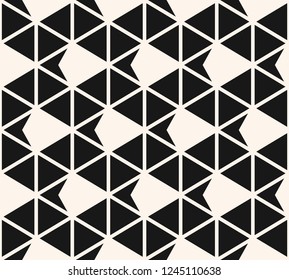 Triangles seamless pattern. Abstract monochrome geometric texture with triangles, arrow, rhombuses, grid. Black and white vector graphic background. Simple repeat design for decor, prints, wallpapers
