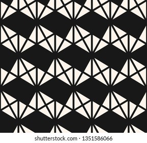 Triangles seamless pattern. Abstract monochrome geometric texture. Vector black and white graphic background. Simple ornament with small triangles, zig zag stripes, grid, net. Minimal repeat design