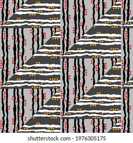 Triangles seamless pattern. Classic flavor and modern graphics. Black and white jagged lines fill the shapes. Red and orange dots add contrast and brightness to monochrome composition.