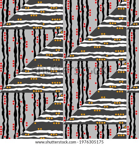 Triangles seamless pattern. Classic flavor and modern graphics. Black and white jagged lines fill the shapes. Red and orange dots add contrast and brightness to monochrome composition.