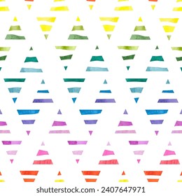 Triangles seamless pattern. Colorful geometric background with striped watercolor triangle shapes