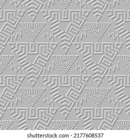 Triángulos sin fisuras. Fondo griego texturizado en 3d blanco. Recortar fondo de repetición geométrica. La clave griega serpentea el ornamento superficial de alivio. Formas triangulares embosadas, líneas de doodle de zag grunge zig.