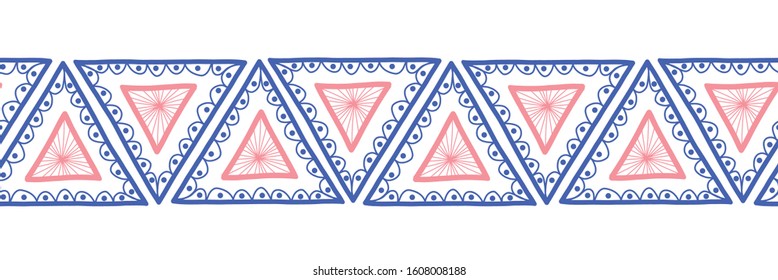 Triangles seamless vector border. Boho style pattern hand drawn tribal ethnic motifs pink blue. Geometric repeating background. Triangle shape repeat tile for banners, card, fabric trim, ribbons.