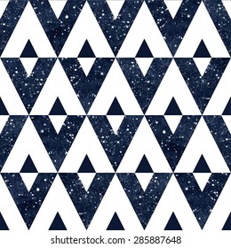 Triangles seamless vector pattern. Watercolor dark blue night sky with stars. Cosmic geometrical background.