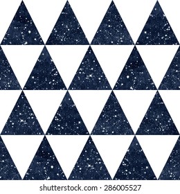 Triangles seamless vector pattern. Watercolor dark blue night sky with stars. Cosmic geometrical background.