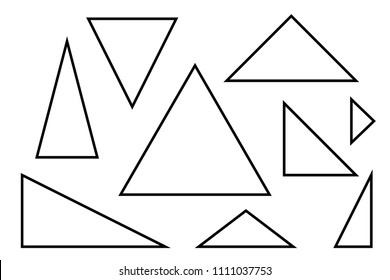 Triangles set, various black outlined triangles, vector illustration. svg