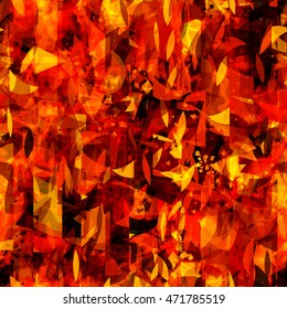 Triangles, shapeless spots, stripes. Red, yellow, black. Background, for fabric, book covers, wrapping paper.  Overlay, transparent. Abstract seamless vector template.