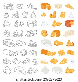 Triangles and slices of delicious cheeses. Cheese products vertical banner. Cheddar, camembert, brick, mozzarella, maasdam, brie, roquefort, gouda.