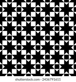 Triangles, squares, checks, crosses seamless pattern. Geometric image. Ethnic ornate. Folk ornament. Tribal wallpaper. Geometrical background. Retro motif. Ethnical textile print. Abstract vector.