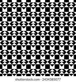Triángulos, cuadrados, cheques, figuras, patrón sin fisuras. Ornamento étnico. Imagen geométrica. Adorno popular. Papel pintado tribal. Fondo geométrico. Motivo retro. Estampado textil étnico. Vector abstracto.
