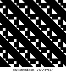 Dreiecke, Quadrate, Schmuck. Nahtloses Muster. Textildruck, abstrakte Illustration. Ethnischer Hintergrund. Geometrischer Hintergrund. Stammesmotiv. Volkstümliche Tapete. Geometrisch verziert. Ethnischer Vektor