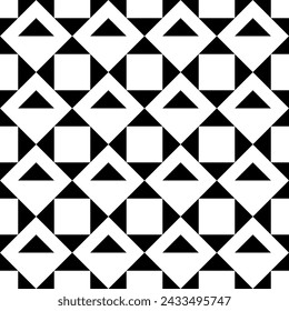 Triangles, squares, checks seamless pattern. Ethnic ornate. Geometric image. Folk ornament. Tribal wallpaper. Geometrical background. Retro motif. Ethnical textile print. Abstract backdrop. Vector