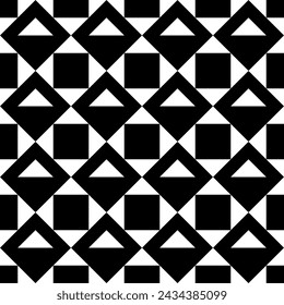 Triangles, squares, checks seamless pattern. Geometric image. Ethnic ornate. Folk ornament. Tribal wallpaper. Geometrical background. Retro motif. Ethnical textile print. Abstract backdrop. Vector