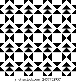 Triangles, squares, checks seamless pattern. Geometric image. Ethnic ornate. Folk ornament. Retro motif. Tribal wallpaper. Geometrical background. Ethnical textile print. Abstract backdrop. Vector