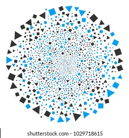 Triangles And Squares exploding globula. Object pattern made from random triangles and squares pictographs as fireworks circle. Vector illustration style is flat iconic symbols.