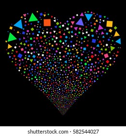 Triangles And Squares fireworks with heart shape. Vector illustration style is flat bright multicolored iconic symbols on a black background. Object valentine heart combined from scattered symbols.