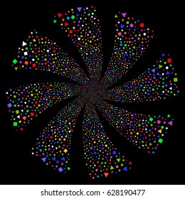 Triangles And Squares fireworks swirl rotation. Vector illustration style is flat bright multicolored iconic symbols on a black background. Object flower created from random design elements.