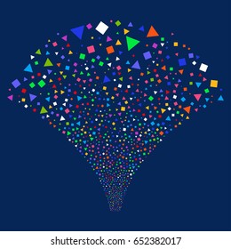Triangles And Squares salute stream. Vector illustration style is flat bright multicolored iconic symbols on a blue background. Object source fountain organized from random icons.