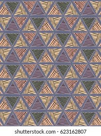 Triangles striped with black on purple.Hand drawn with ink seamless background.Creative handmade repainting design for fabric or textile.Geometric pattern with triangles.Vintage retro colors