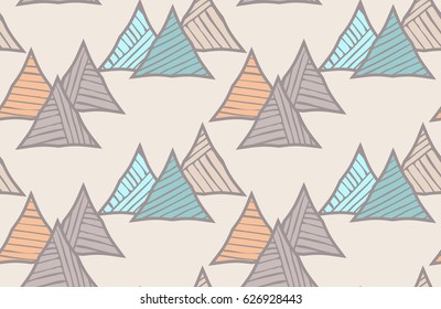 Triangles striped diagonal light.Hand drawn with ink seamless background.Creative handmade repainting design for fabric or textile.Geometric pattern with triangles.Vintage retro colors