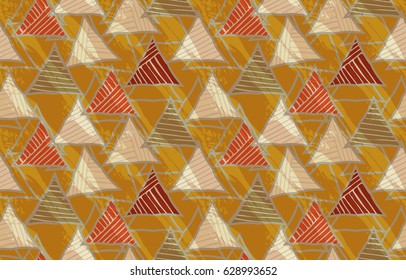 Triangles striped diagonal with texture.Hand drawn with ink seamless background.Creative handmade repainting design for fabric or textile.Geometric pattern with triangles.Vintage retro colors