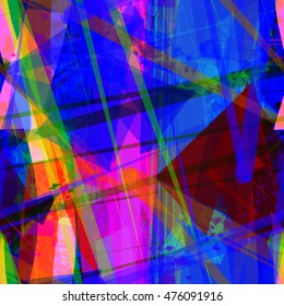 Triangles and stripes. Artistic seamless vector pattern. The overlap, overlay, transparency. Randomly mixed. Abstract colorful texture.