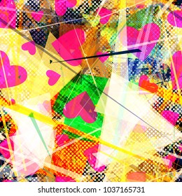 Triangles, stripes, hearts, dots. Seamless texture. Abstract vector background for web page, banners backdrop, fabric, home decor, wrapping, love and girls design.