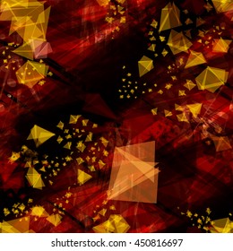 Triangles and stripes. Like a scattering of crystals. Red, black, brown and yellow. Abstract seamless vector template.. Mixed random. Overlap, overlay, translucency.