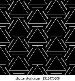 Triangles, strokes ornament. Geometrical backdrop. Triangular, linear shapes wallpaper. Geometric background. Polygons motif. Digital paper, textile print, abstract. Seamless pattern. Vector.