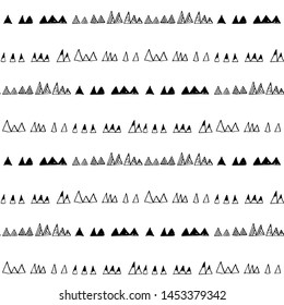 Triangles or stylized mountains backdrop. Hand drawn vector geometric seamless pattern in black on white background.
