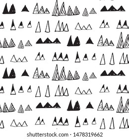 Triangles or stylized mountains backdrop. Hand drawn vector geometric seamless pattern in black on white background.
