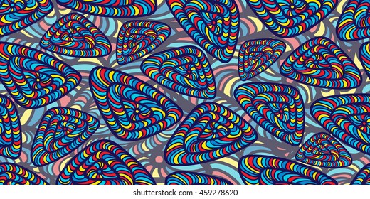 Triangles with swirls. Hand-drawn. Seamless vector pattern.