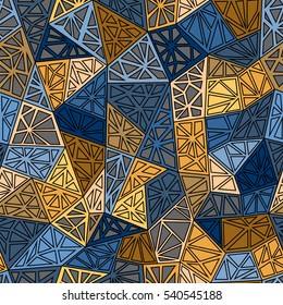 Triangles texture. Blue yellow brawn seamless pattern.