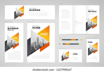 Triangles theme Set flyer cover, tri-fold, banner, roll up banner, business card orange color