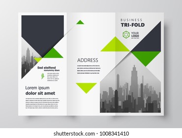 Triangles Tri-fold business brochure design template, creative leaflet green color