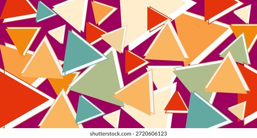 Dreiecke in verschiedenen Größen und Farben werden zufällig als Hintergründe, Texturen und Muster angeordnet. Blaue, orangefarbene, braune, rote, grüne und gelbe Dreiecke verschiedener Größen werden auf dunklem Hintergrund platziert.
