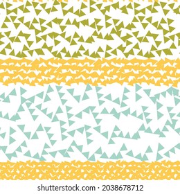 Triangles vector seamless pattern. Simple geometric repeat in pastel colors. Rows of elements on white background.
