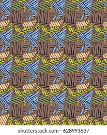 Triangles yellow blue brown striped.Hand drawn with ink seamless background.Creative handmade repainting design for fabric or textile.Geometric pattern with triangles.Vintage retro colors