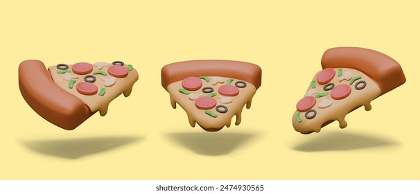 Triangular 3D slice of pizza in different positions. Hot dish