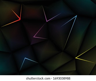 Triangular abstract background with black gradation, slightly different, cut with colorful flashy lines. vector