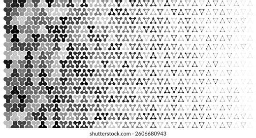 Triangular abstract vector. Geometric black white pattern. Halftone pixel grid texture. Connected dots blob gradient type. Metaball seamless effect. Circle mosaic disperse. Particle diffuse degrade