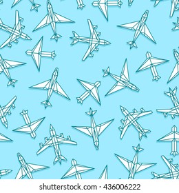 Triangular airplane and paper plane. Origami triangle geometric contour line polygon style, travel summer seamless endless pattern.