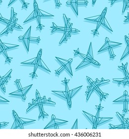 Triangular airplane  and paper plane. Origami triangle geometric contour line polygon style, travel summer seamless endless pattern. 