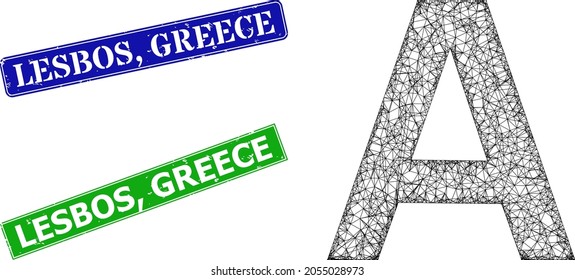Triangular Alpha Greek symbol image, and Lesbos, Greece blue and green rectangle unclean seals. Polygonal wireframe symbol designed with Alpha Greek symbol icon. Stamp seals include Lesbos,