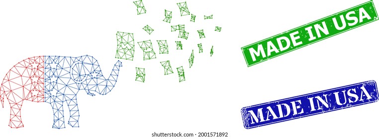 Triangular american stimulus money inflation image, and Made in USA blue and green rectangular grunge stamps. Mesh carcass symbol is based on american stimulus money inflation pictogram.