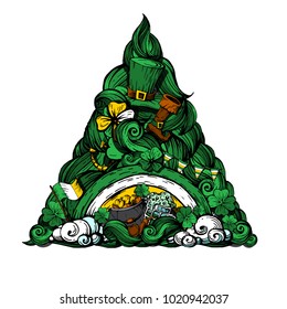The triangular arrangement of graphic elements for St. Patrick's day. The Doodle style.