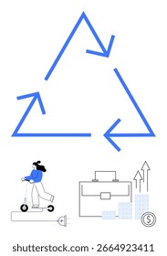 Ciclo de seta triangular em torno de pessoa carregando scooter elétrico, mala, gráfico de barras com setas, moedas. Ideal para sustentabilidade, tecnologia, crescimento empresarial, eco-friendly, energia renovável
